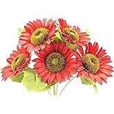 LILOCOO 5pcs Artificial Red Sunflowers Vintage Fake Silk Sunflowers Fake Sunflowers Bouquet Large Decor for Home Hotel Office Wedding Party Garden