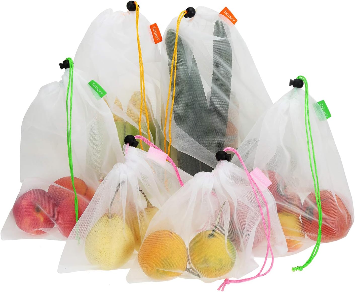 Tebery 15 Pack Washable and Reusable Produce Bags Transparent Lightweight Strong Mesh Bag for Shopping, Transporting and Storing Fruits and Veggies - 3 Sizes