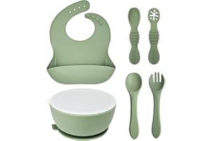 HippoBaby 6 Piece Baby Bowls With Suction and Lids | Toddler Bowl Set with 1 Bowl, 1 Bib, 2 Baby Spoons, 1 Large Spoon, 1 Large Fork, Baby Feeding Essentials (1, Mint)