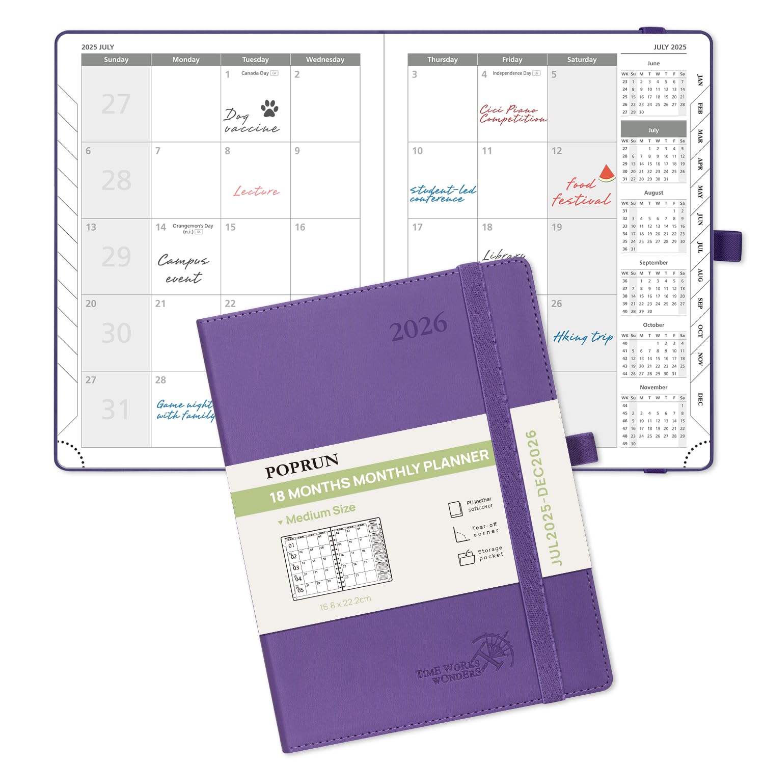 Photo 1 of POPRUN Monthly Planner 2025-2026 (Medium- 6.5'' x 8.5'' Soft Cover), 18-Month Calendar Book (Jul.2025-Dec.2026), Calendar Planner with Monthly Tabs & Pocket, 100 GSM Paper - Purple