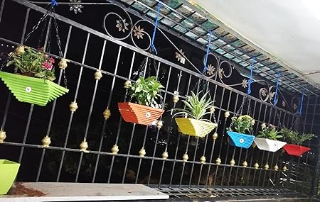 Vinshra Twister Hanging Pots with Chain, 9 Inch, Multicolor, 6 Pieces