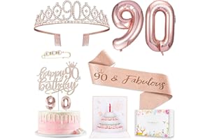 AWFRKY 90th Birthday Decorations Gifts for Women, Including 90 year old Birthday Cake Topper, Birthday Queen Sash with Pearl Pin, Sweet Rhinestone Tiara Crown, Number Candles and Balloons Set, Rose Gold