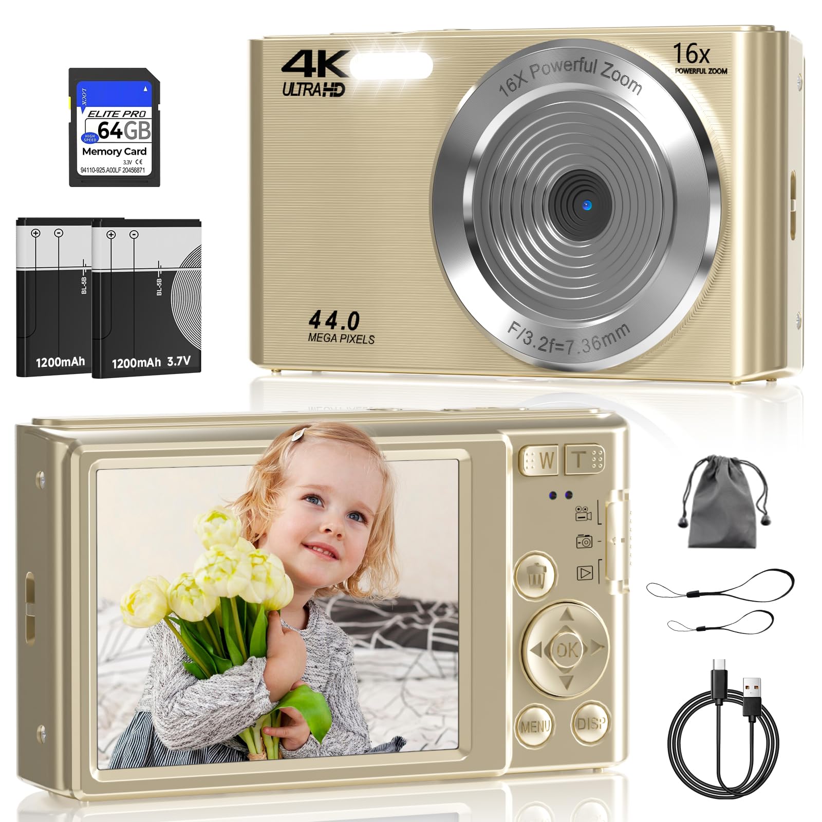 Photo 1 of Digital Camera, FHD 4K Digital Camera with 64GB SD Card, 44MP Digital Point and Shoot Camera, 16X Digital Zoom