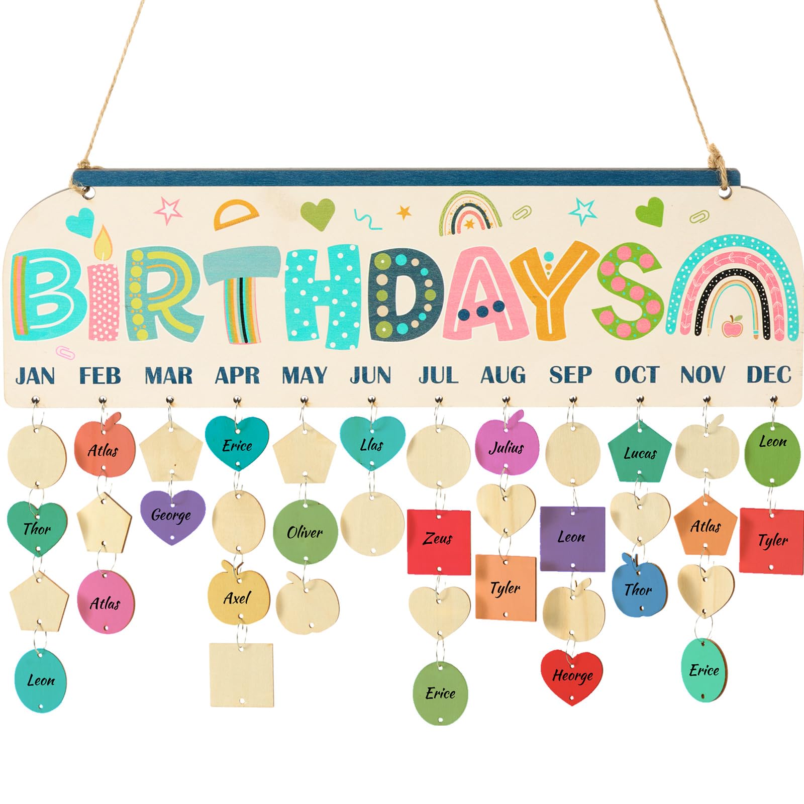 Photo 1 of Chunful Birthday Calendar Wall Hanging Classroom Colorful Plaque with Tags Gifts for Family Classroom Wall Hanging DIY Reminder Calendar Board with 120 Tags for Friends Home Office(Fresh Style)