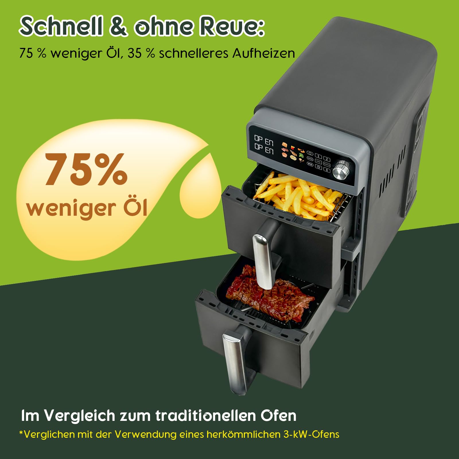 10L Double Stack XL airfryer Heißluftfritteuse | 2400W heißluftfritteuse 2 kammern | Gleichmäßiges Garen & Wende-Erinnerung | Sync/Match,9 Programme, Energie sparen, Spülmaschinenfest 3