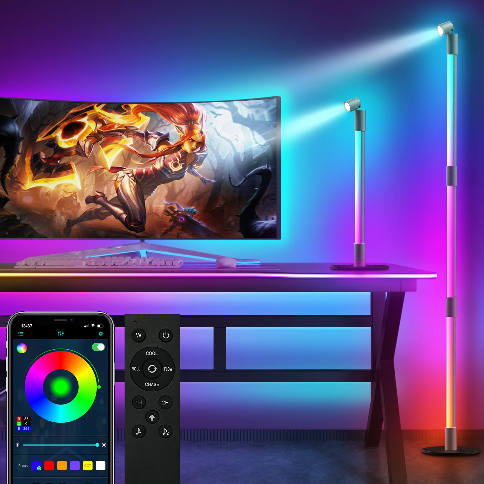 Photo 1 of RGB LED Floor Lamp,with Spot Lamp,360°Rotating Diy Color Changing Corner Floor Lamp,Remote and APP Controll Dynamic Mode Modern Ambient Standing Lamp,Music Sync Mood Lighting for Living Room,Bedroom