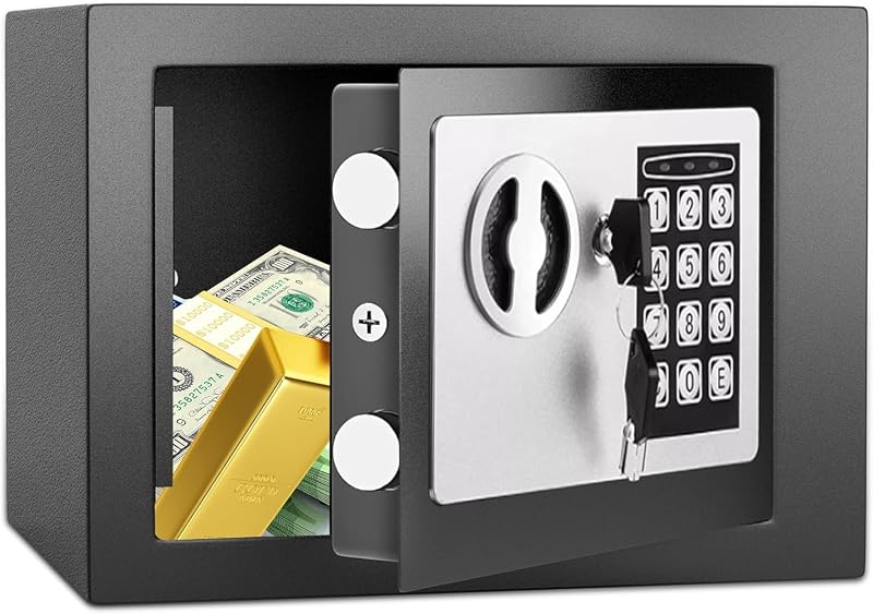 Caja fuerte 6.6L con código electrónico, alta seguridad, compacta, empotrable antirrobo, para hogar/oficina/hotel/coche. Protege joyas, efectivo, armas y otros bienes. Incluye llave.