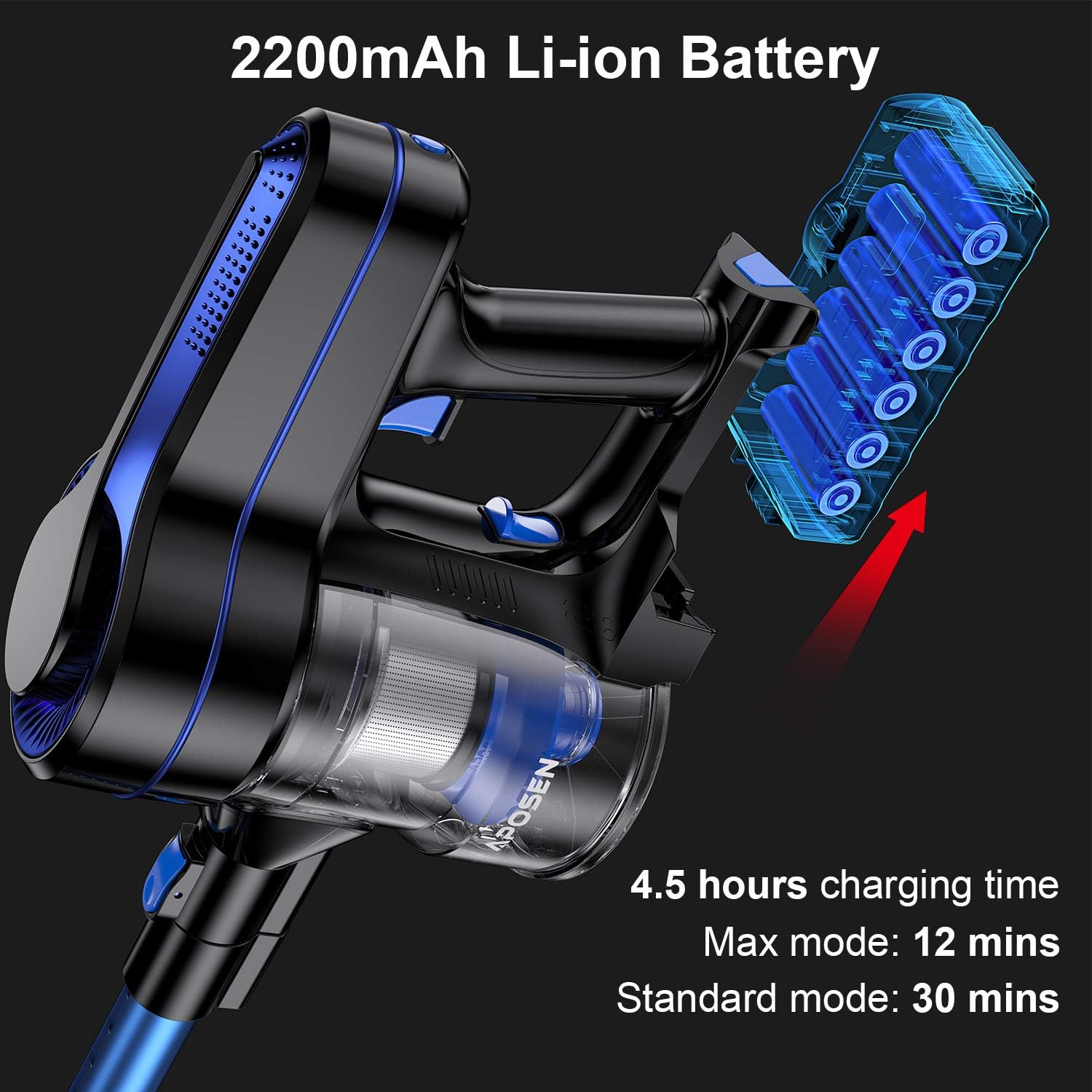 APOSEN Cordless Vacuum Cleaner, 24KPa Powerful Suction 250W Brushless Motor 4 in 1 Stick Vacuum for Home Hard Floor Carpet Car Pet H250 Blue -