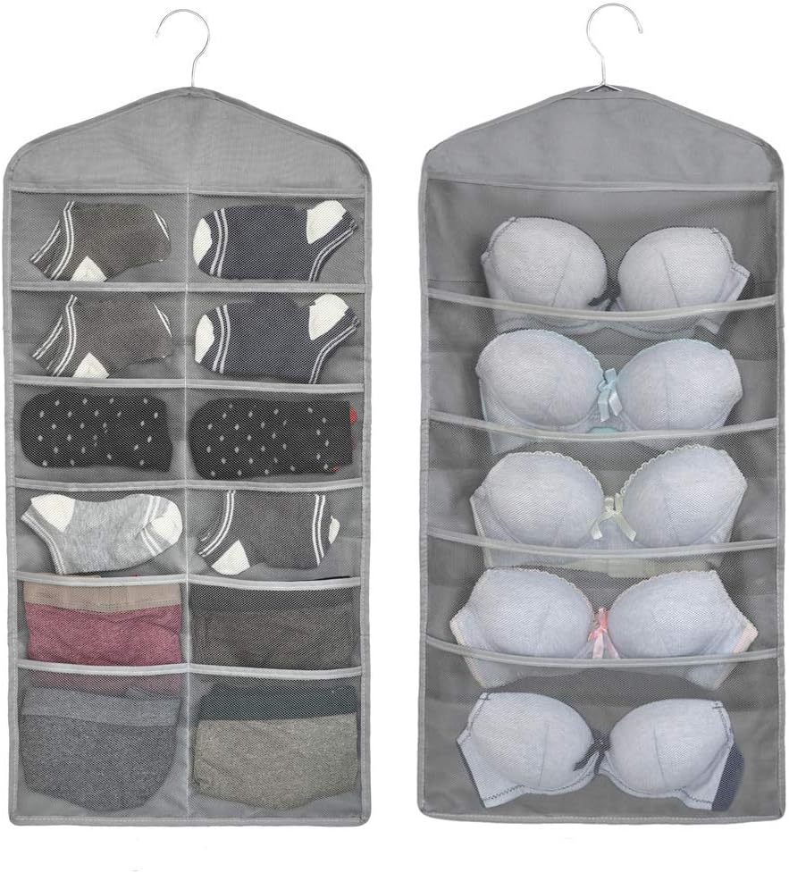 Sock Organizer, Mesh Pockets Dual Sided Hanging Closet Storage Organizer, Socks Organizer for Underwear, Stocking, Bra, Panty and Drawers