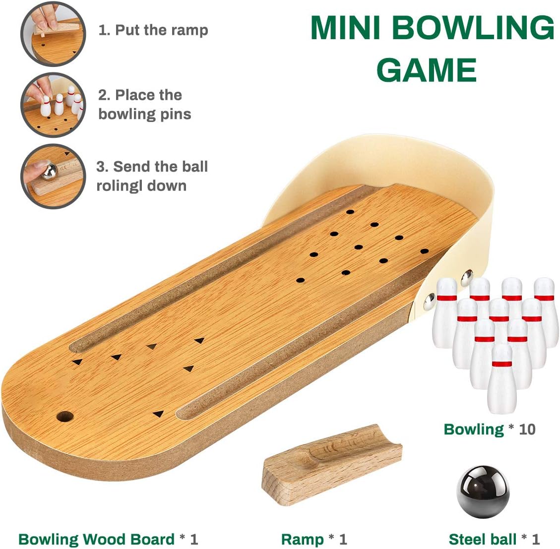 Desktop Bowling Mini Bowling Game Set with 10 Pins Wooden Tabletop