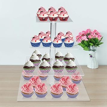 Amazon アクリル製スクエアカップケーキタワースタンド 4段カップケーキツリータワー 結婚式 ペイストリー 誕生日 卒業式用 Thsinde ケーキスタンド