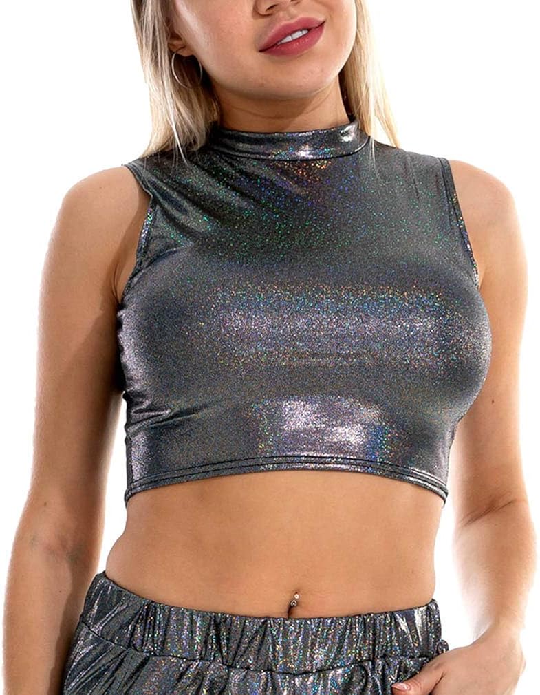 WEIMEITE Shiny Tank Tops Fashion Strapless Tube Top Turtleneck Crop Top