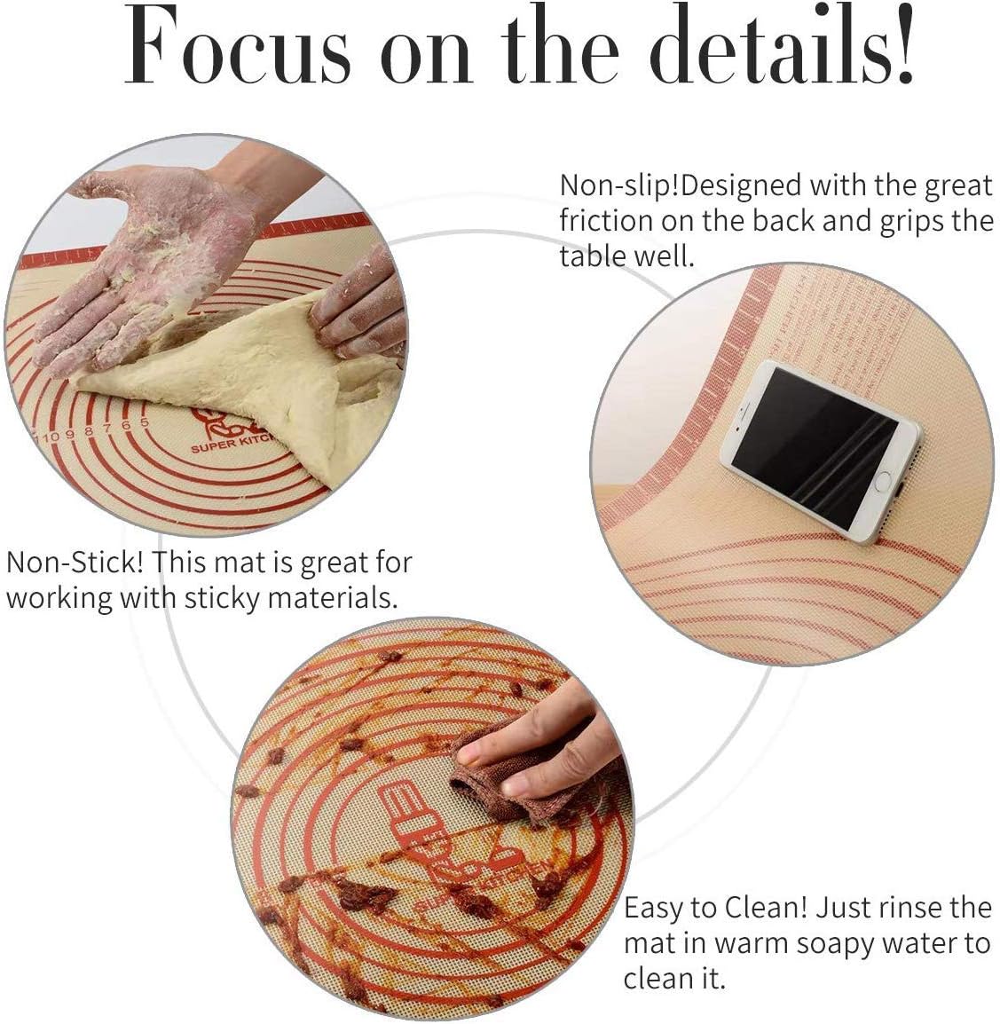 Non-slip Silicone Pastry Mat Extra Large with Measurements 28''By 20'' for Silicone Baking Mat, Counter Mat, Dough Rolling Mat, Oven Liner, Fondant/Pie Crust Mat By Folksy Super Kitchen (2028, red): Kitchen & Dining