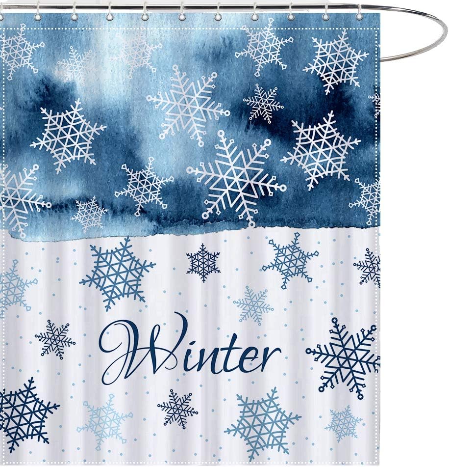 MAEZAP Winter Snowflake Christmas Shower Curtain Blue White Bathroom Decor Waterproof Polyester with Hooks 69x70 Inches