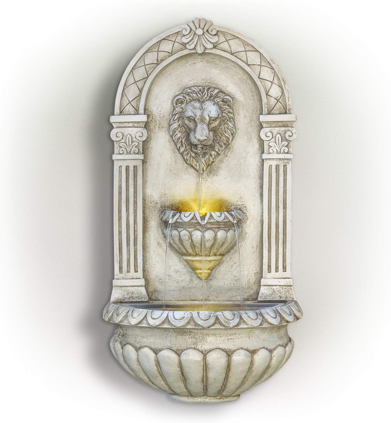 Alpine Corporation TZL160 Lion Head Wall Fountain w/LED Lights, 32 Inch Tall, White