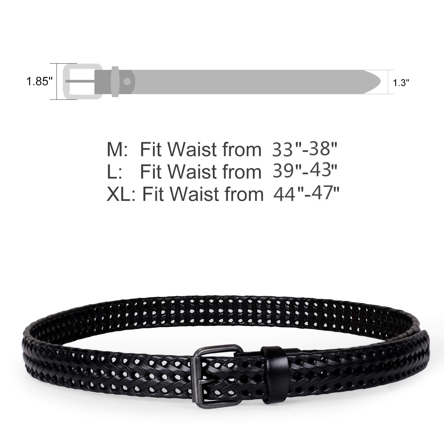 Men\'s Leather Braided Belt, JasGood Cowhide Leather Woven Belt for Jeans 1.3 Inch Wide with Prong Buckle,Fits Pants Size 33-38 Inches,1-Black