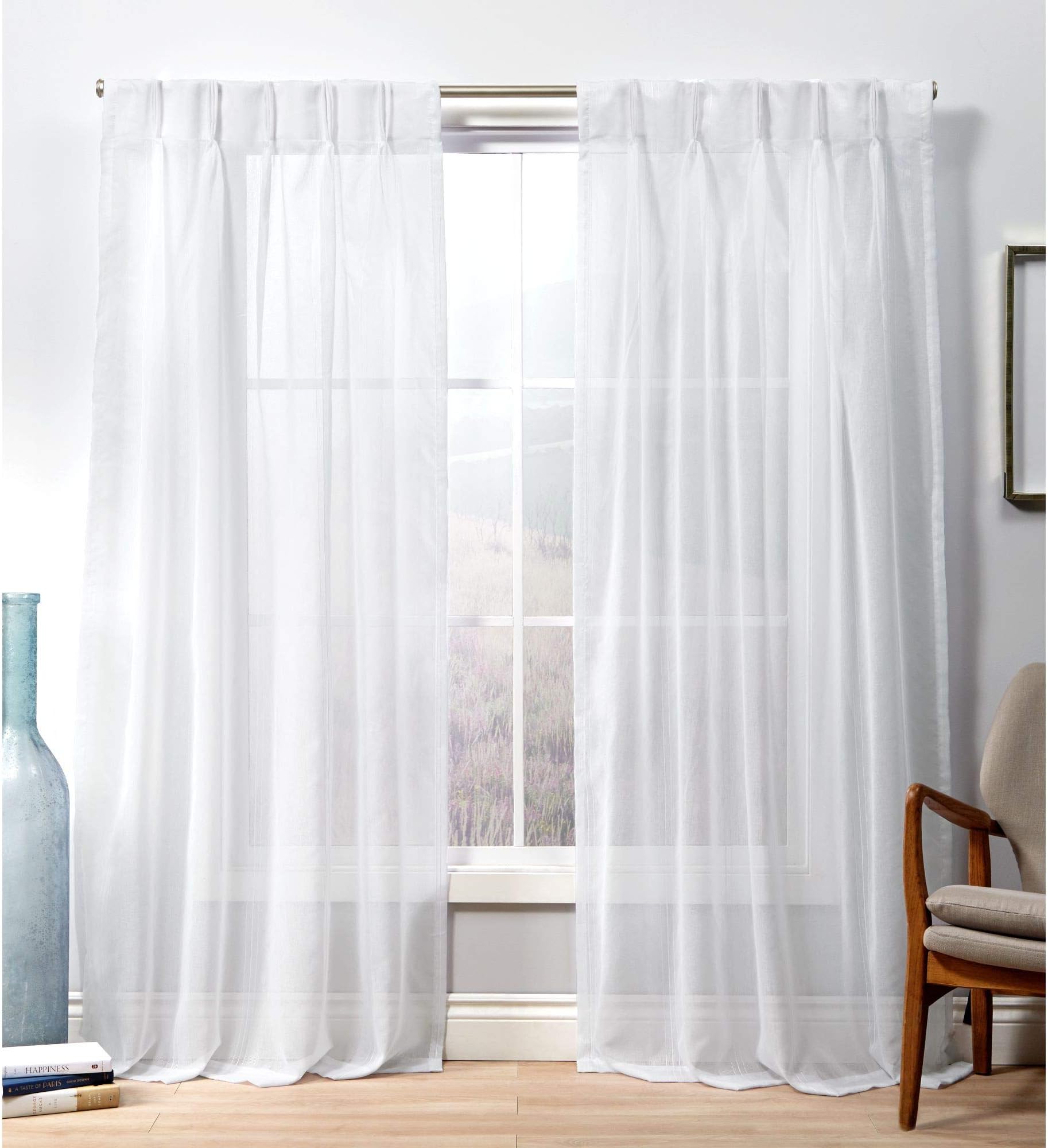 Exclusive Home Penny Sheer Embellished Stripe Grommet Top Curtain Panel Pair, 108" Length, Winter White