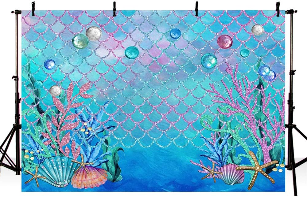 MEHOFOTO 7x5ft Under The Sea Blue Photography Backdrop Ocean Mermaid Theme Girl Birthday Party Decoration Pearls Starfish Shell Ocean Theme Baby Shower Photo Studio Booth Background Banner