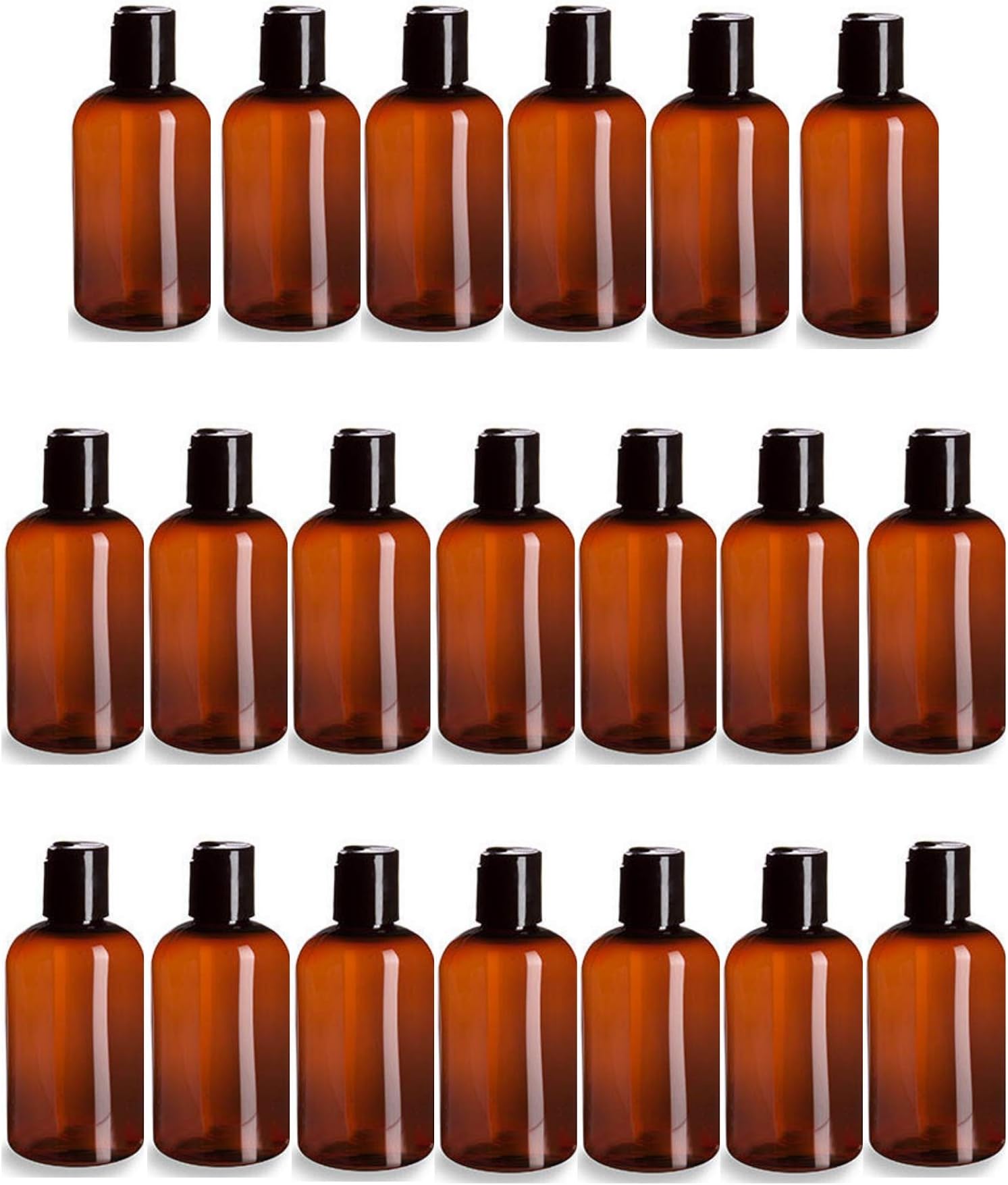 2oz Squeeze Bottles + Flip Top Lids. (package of 20 Bottles) Empty, Refillable, Amber PET Plastic.