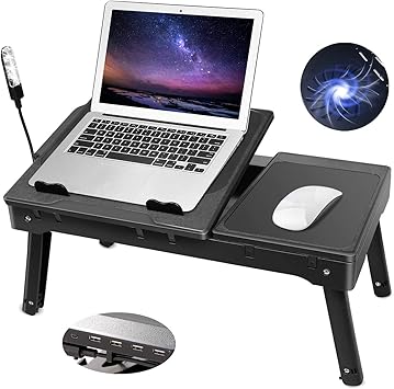 Amazon Com Moclever Laptop Table For Bed Multi Functional Laptop Bed Table Tray With Internal Cooling Fan 2 Independent Laptop Stands Foldable 3 Different Height Laptop Desk Led Lamp 4 Port Usb Office Products
