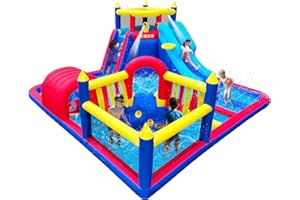 CAUSEAIR Inflatable Water Slide Park for Party Fun,15x15FT,Big Splash Pool,Long&Short Slides,Fun Crawl Tunnel,Basketball Hoop,GFCI Blower,Bounce Castle for Kids