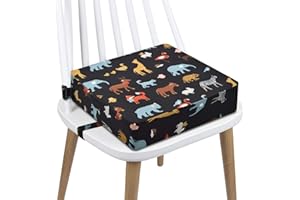 CAVWVTYU Toddler Booster Seat Dining, Cartoon Canvas Washable 2 Straps Safety Buckle Kids Booster Seat for Dining Table, Portable Travel Increasing Cushion (Elephant-Black)