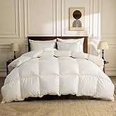 BPC Organic Feather Down Comforter Full/Queen Size, Hotel-Luxury Fluffy Duvet Insert with Cotton Cover and Puffy Feather Down Filling for All-Season, Ivory White, 82x86 Inches