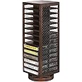 FARM IN Cassette Tape Storage, 360-Degree Rotatable Design Farmhouse Style Cassette Rack Tower, Double-Sided 28-Slot, Rustic Solid Burnt Wood & Diamond Metal Wire Mesh
