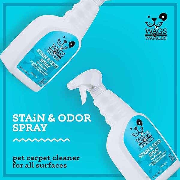 WAGS & WIGGLES STAIN & ODOR REMOVER SPRAY – PET CARPET CLEANER FOR STAINS, OXYGEN-POWERED CLEANER FOR DOG & CAT URINE, DEODORIZER WITH CLEAN SCENT, PET ODOR ELIMINATOR FOR HOME, 32 FL OZ