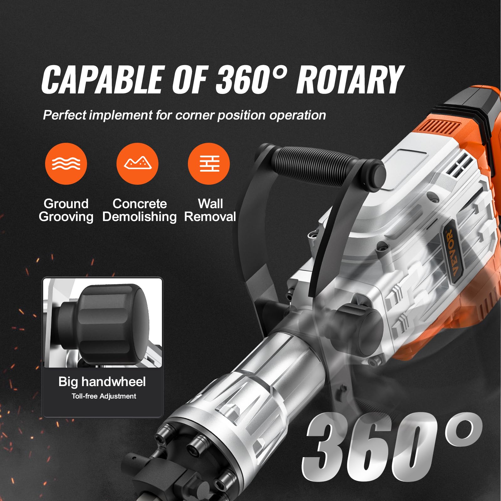 VEVOR Demolition Jack Hammer, MAX 3500W Jack Hammer Concrete Breaker, 1900 BPM Heavy Duty Electric Jack Hammer, 2pcs Chisel with Gloves & 360°C Swiveling Front Handle for Trenching Breaking Holes