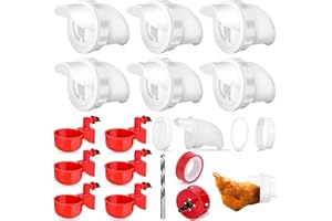 LEIFEOSH 6 Pcs Chicken Feeder and 6 Pcs Water Cup Kit, Gravity Poultry Waterer Cup and Poultry Feeder Port Set with Hole Saw and Sealing Tape, Chicken Feeders No Waste for Duck Bird Quail