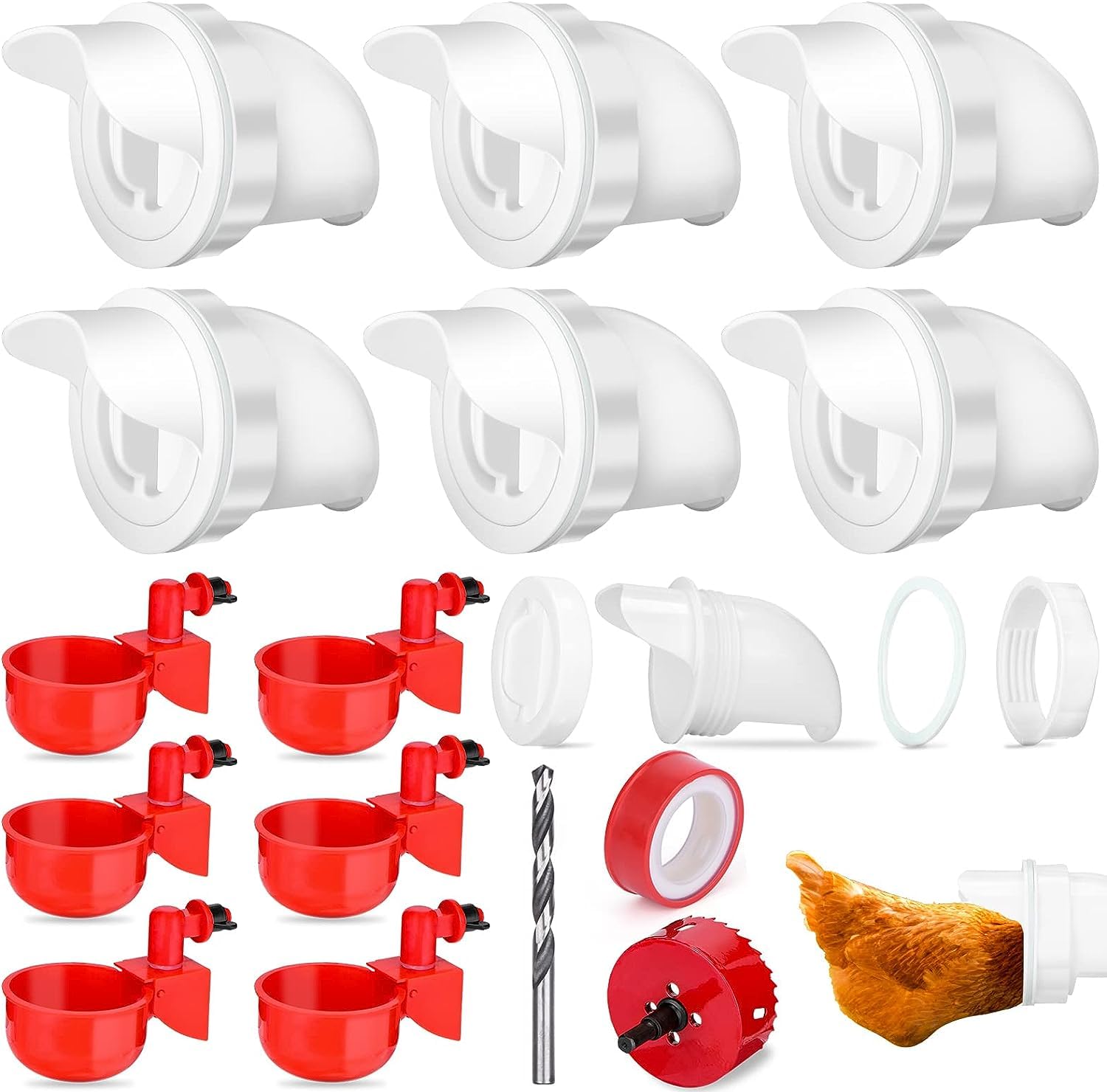 Photo 1 of 6 Pcs Chicken Feeder and 6 Pcs Water Cup Kit, Gravity Poultry Waterer Cup and Poultry Feeder Port Set with Hole Saw and Sealing Tape, Chicken Feeders No Waste for Duck Bird Quail