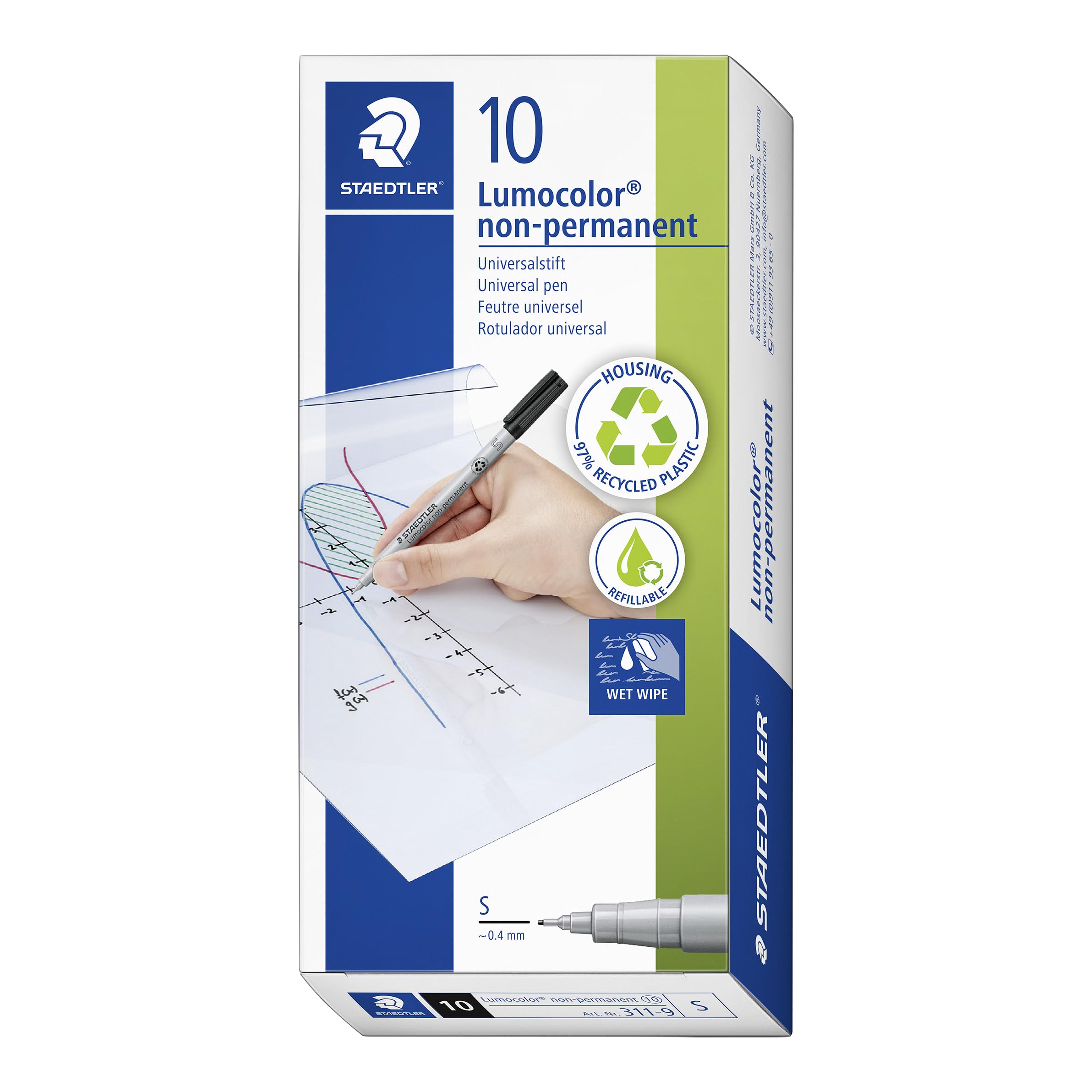 STAEDTLER 311-9 Lumocolor Non-Permanent Pen, Superfine Line Width 0.4mm - Black (Box of 10)