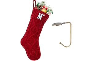 VRFASHION Christmas Stockings with Initials, Letter M Embroidered Xmas Stockings, 18" Large Monogram Knitted Xmas Stocking, Christmas Party Fireplace Family Hanging Stocking Decorations(1 Pack, Red)