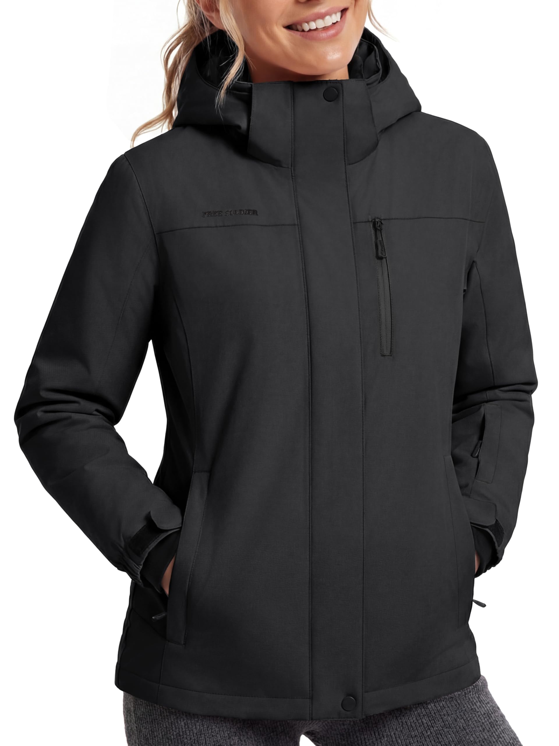 Photo 1 of FREE SOLDIER Women's Waterproof Ski Snow Jacket Fleece Lined Warm Winter Rain Jacket with Hood Fully Taped Seams(Black,L)
