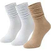 Liiusgelad Slouchy Boot Socks for Women, 3-Pair Soft Knit Scrunch Socks, Sweat-Absorbing, Reinforced Heel & Toe, Elastic Cuff (White, Khaki)