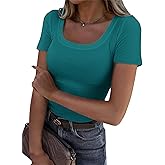 Roselux Women's Summer Scoop Neck Short Sleeve T-Shirts Ribbed Knit Slim Fitted Casual Basic Top