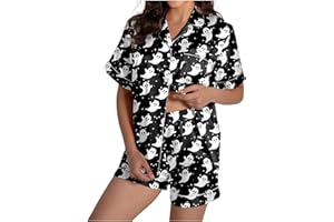 Halloween Pajamas Women 2025 Satin Silk Button Up Shirt and Shorts Pjs Sets 2 Piece Loungewear Sets Soft Sleepwear