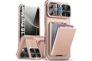 SSLOTSCASE for iPhone 16 Pro Max Case with 2X Screen Protector, Sliding Lens Cover & Kickstand & Credit Card Holder, Military-Grade Protection Rugged Phone Cover for iPhone 16 Pro Max, Rose Gold