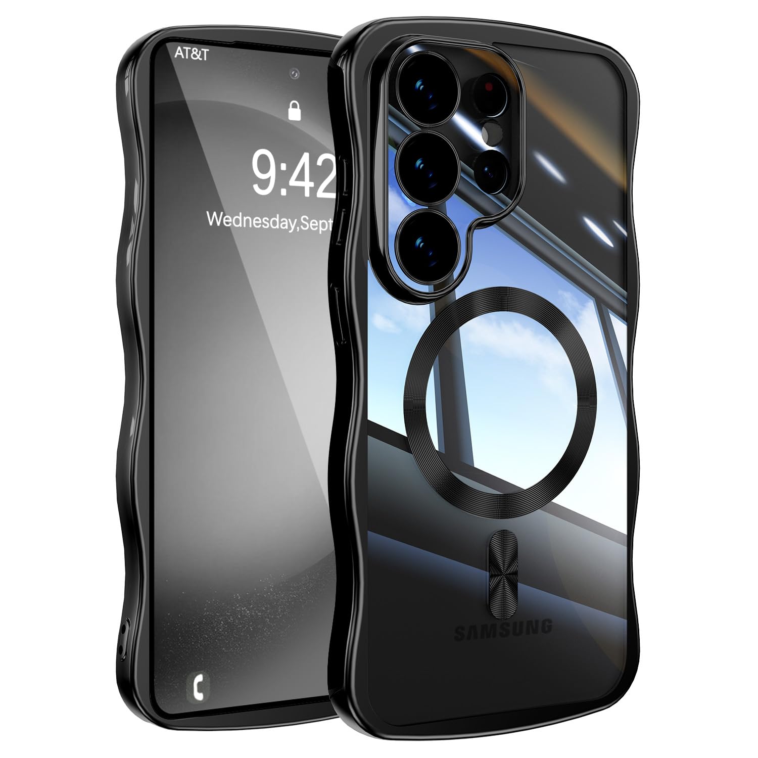 UEEBAI for Samsung Galaxy S26 Ultra Case, Cute Wave Frame Magnetic Phone Case Compatible with Magsafe Full Camera Protection Cover Soft Electroplated Phone Cover for Women Girls - Black