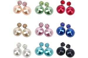 Adecco LLC 9 Pairs Bling Rhinestone Polymer Clay Studs Pearl Button Earrings, Double Ball Earring, Jewelry Piercing Ear Ring