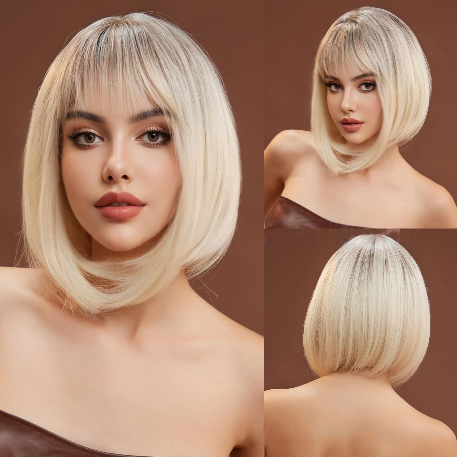 Photo 1 of Umbrion Natural Look Short Bob Straight Human Hair Wigs With Bangs For Women Daily Use Glueless Lightweight (Platinum Blonde)