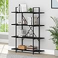 HSH 4 Tier Black Bookshelf, Industrial Metal Wood Storage Book Shelves, Modern Open 4 Shelf Bookcase and Display Etagere, Vertical Book Shelf for Bedroom Living Room Office