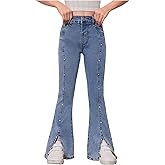 Floerns Girl's Split Hem Flare Leg Denim Pants Pearl Beaded Bell Bottom Jeans