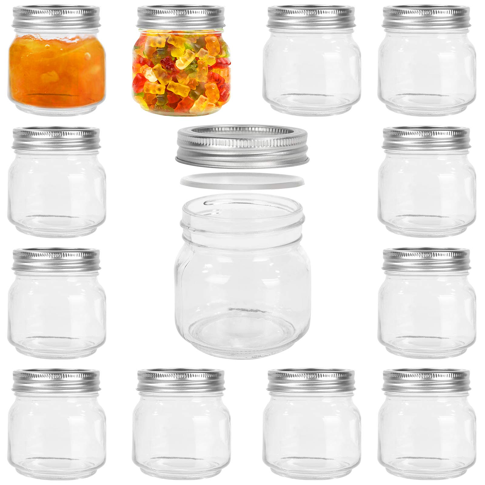 Yishik 12 Pack 8 oz Regular Mouth Mason Jars with Leak-proof Split Silver Lids, 250 ml Reusable Glass Canning Jars for Jam, Fruit Storage, Party Favors, Wedding Favors & Homemade Gifts