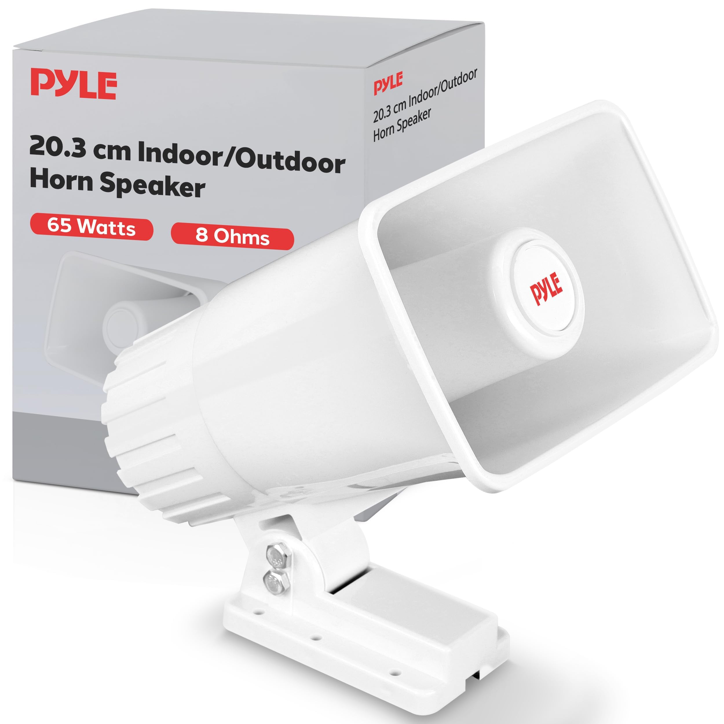 Pyle Indoor Outdoor PA Horn Speaker, 20cm Portable PA with 8 Ohm Impedance, 65W Peak Power, Mounting Bracket, Hardware Included, White – Loudspeaker for Events, Schools, Alarms, Announcements