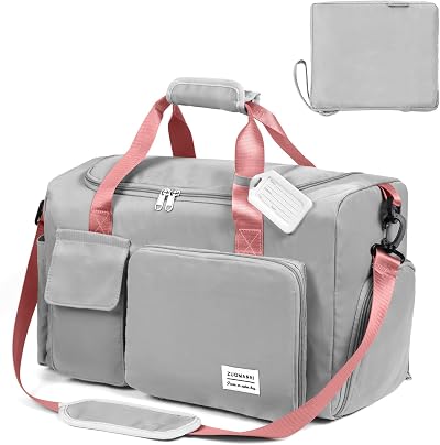 flintronic Travel Duffel Bag Foldable Gym Bag Wet Dry Separation Grey Pink