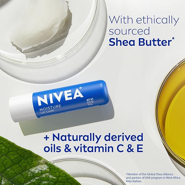 NIVEA MOISTURE LIP CARE, HYDRATING LIP BALM WITH SHEA BUTTER, NOURISHING OILS AND VITAMIN C & E, 3-IN-1 MOISTURE, REPAIR AND NOURISH, 0.17 OZ STICK, PACK OF 4