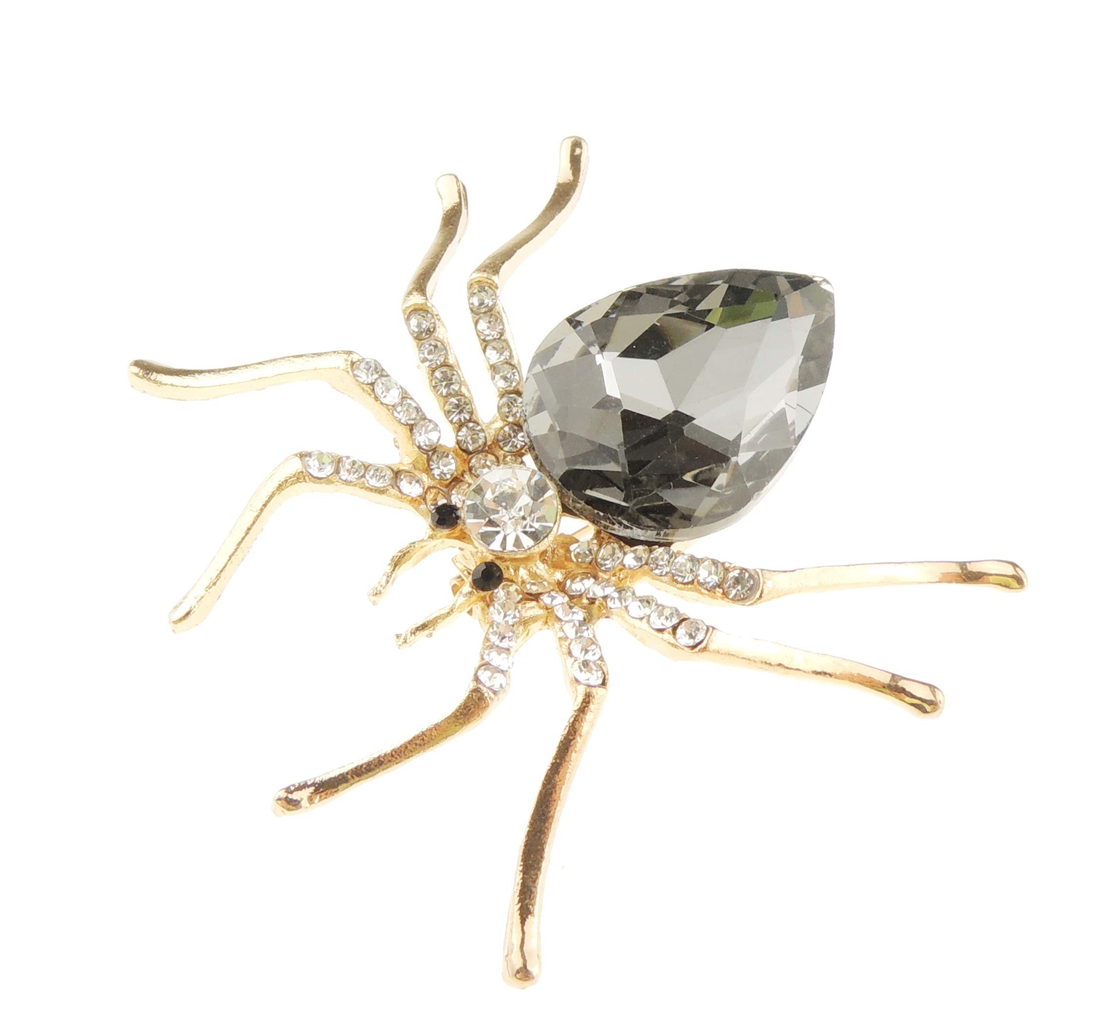Ladies Large Crystal Diamante Gold Silver Grey Spider Brooch Boxed (Dark Grey Gold Tone)