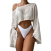 COZYEASE Women's Hollow Out Crop Bikini Cover Up Boat Neck Long Sleeve Crochet Sheer Swimsuit Cover Up